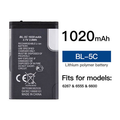 BL-5C Liion Мобильные батареи для Nokia 6600 6230 3650 E50 N70 1100 6268 E70 3.7V 1020mAh